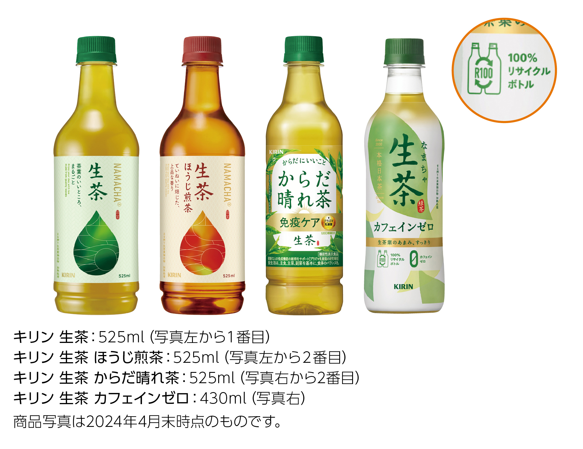 キリン 生茶：525ml。キリン 生茶 ほうじ煎茶：525ml。キリン 生茶 からだ晴れ茶：525ml。キリン 生茶 カフェインゼロ：430ml。